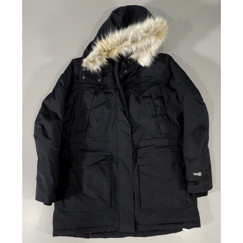 L.L.Bean Baxter State Parka Womens S Black DownTek Faux Fur Hooded Winter Coat